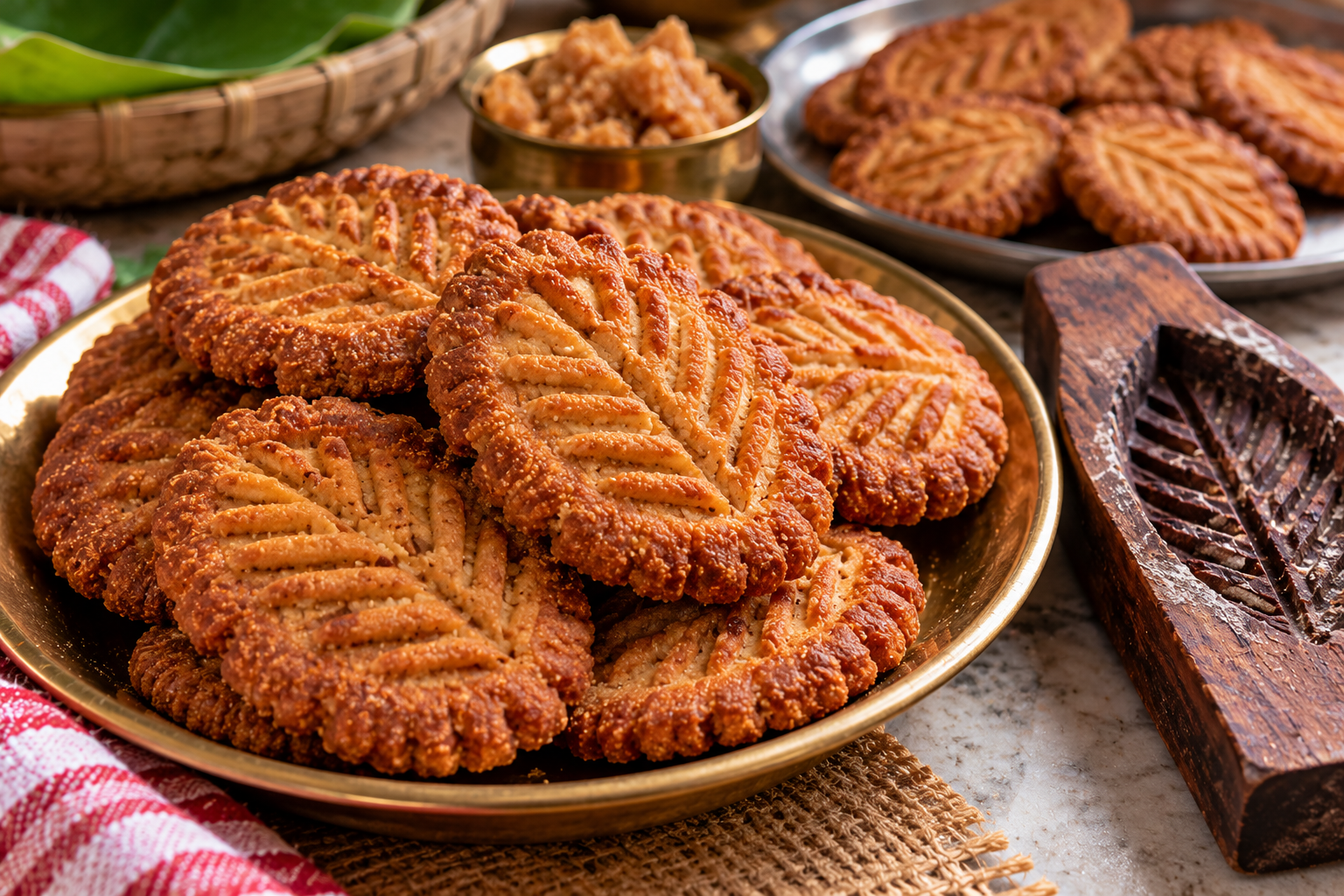 Traditional Bihari thekua made with wheat flour and jaggery, featuring a crispy golden-brown texture and a traditional mould design.
