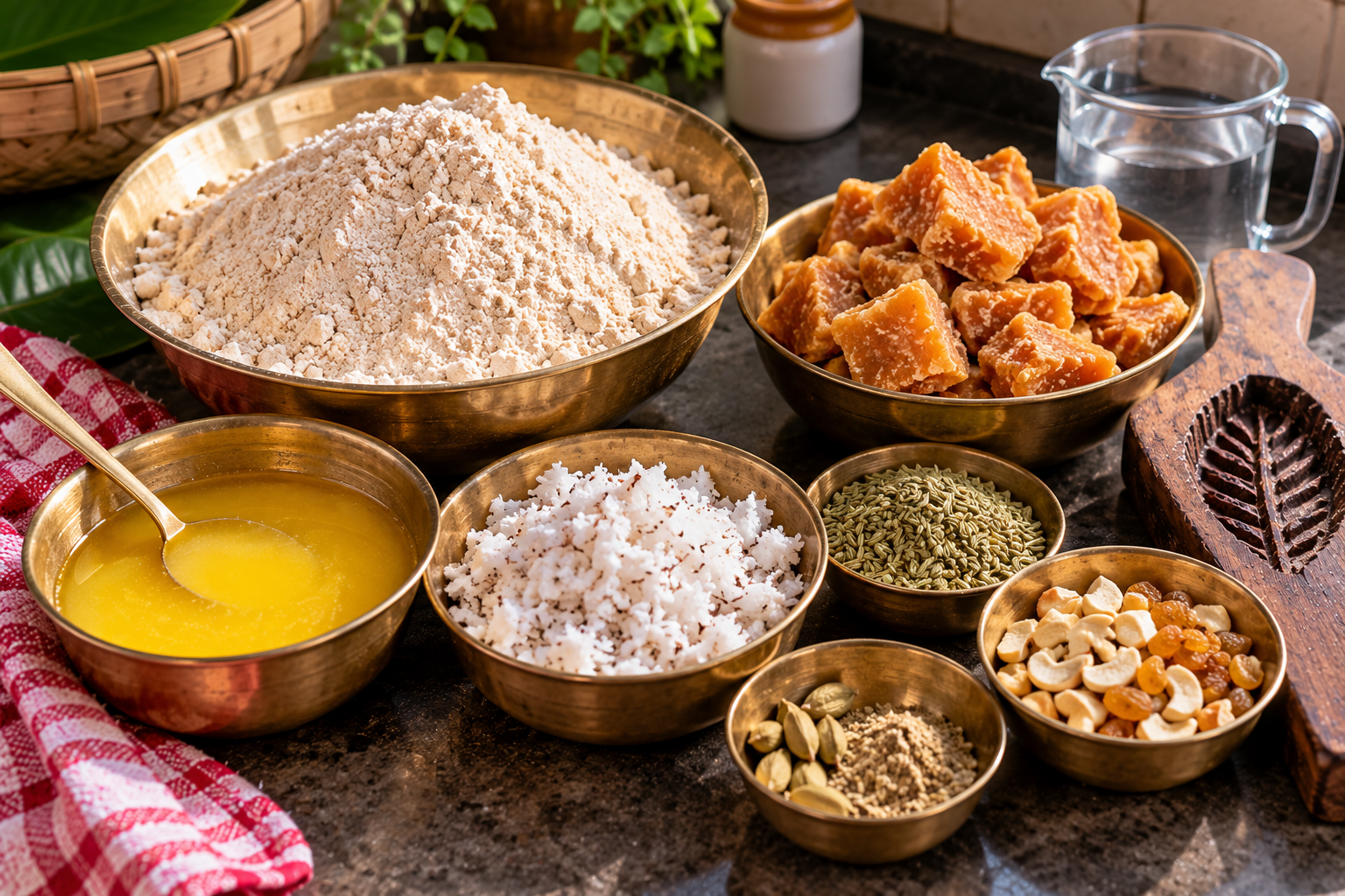 Ingredients for traditional Bihari thekua recipe, including whole wheat flour, jaggery, desi ghee, grated coconut, fennel seeds, cardamom, cashews and raisins.