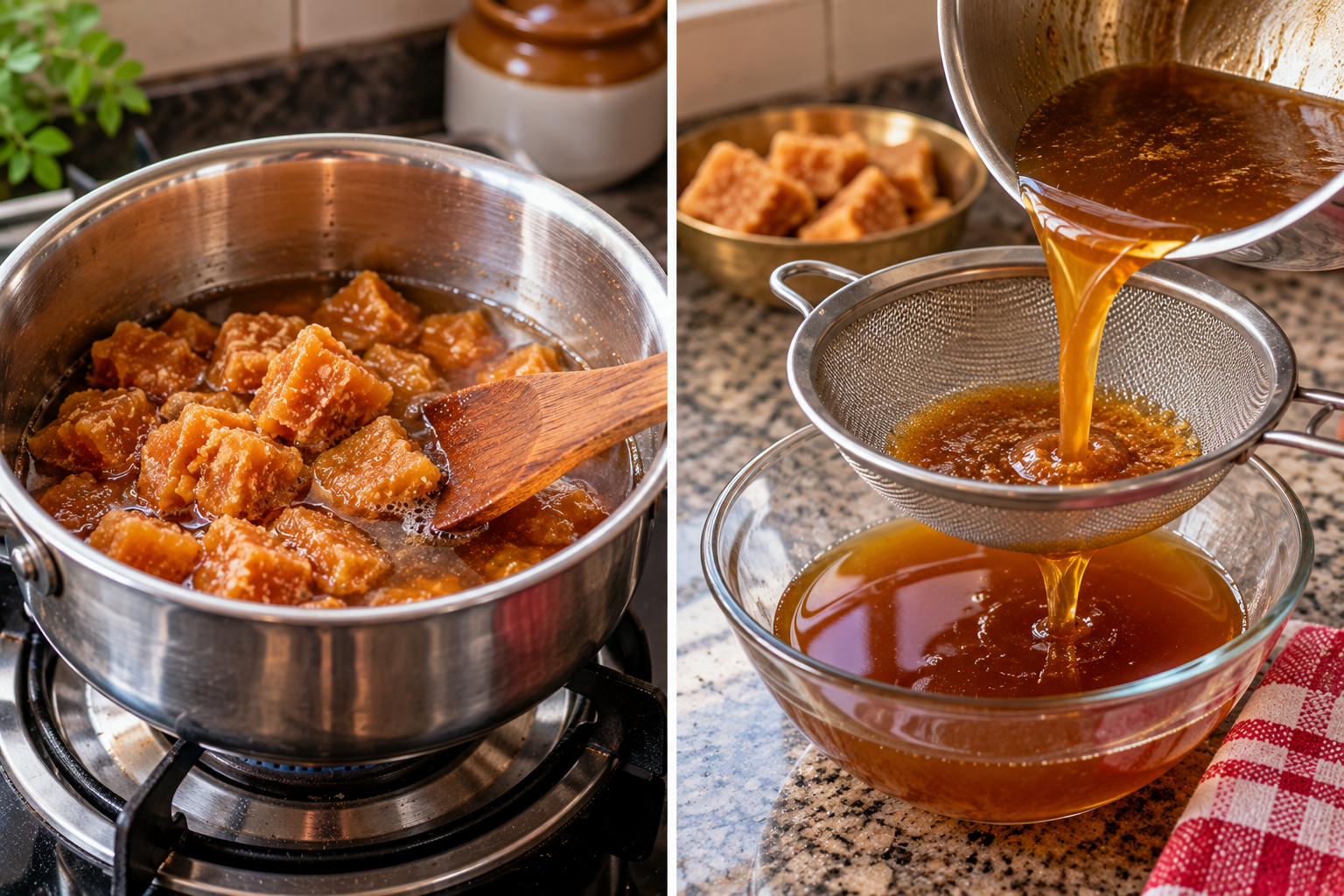 Preparing jaggery syrup for traditional Bihari thekua by melting jaggery in water and straining the syrup to remove impurities.