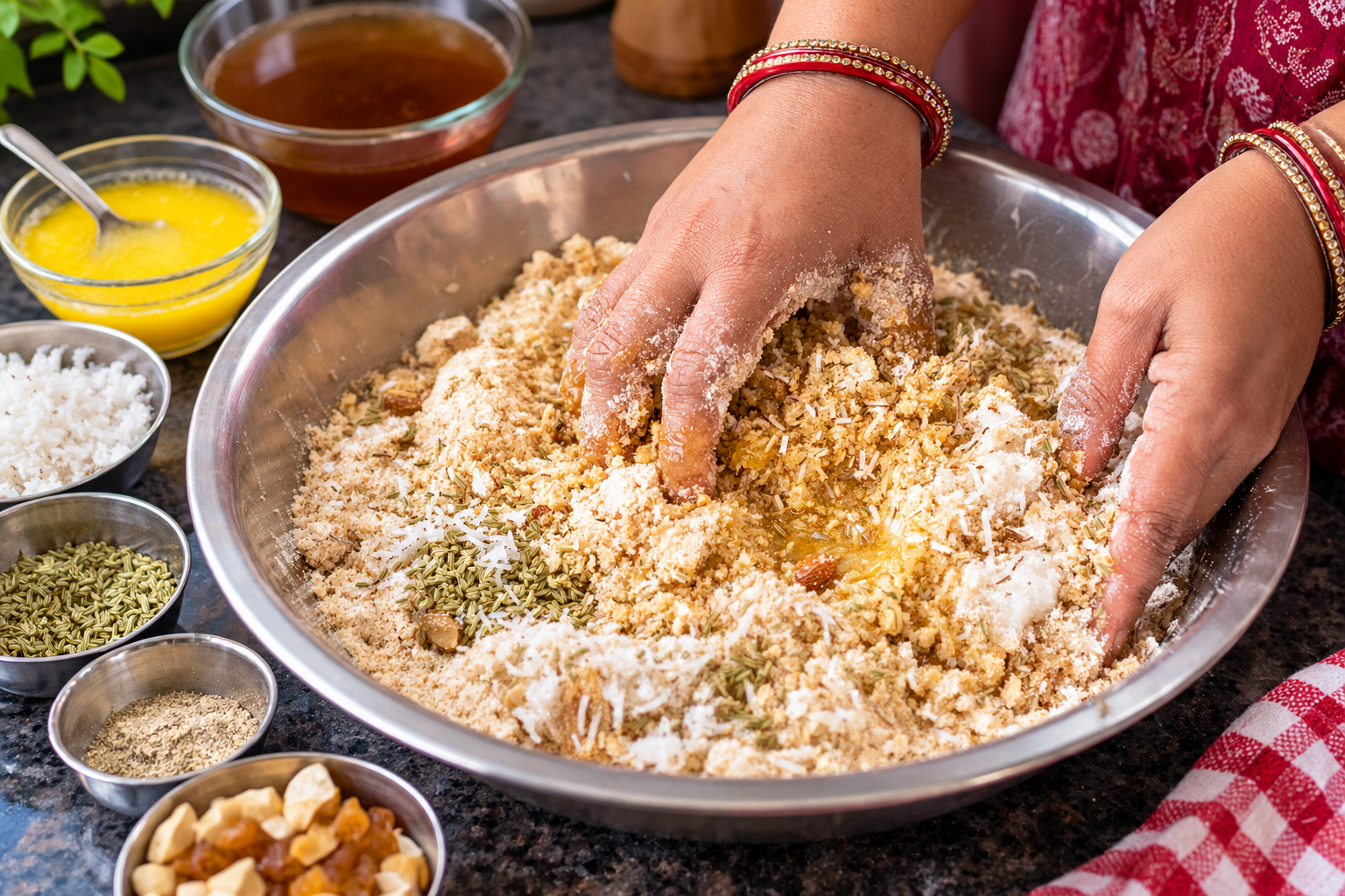 Mixing desi ghee into whole wheat flour by hand to prepare crispy Bihari thekua dough.