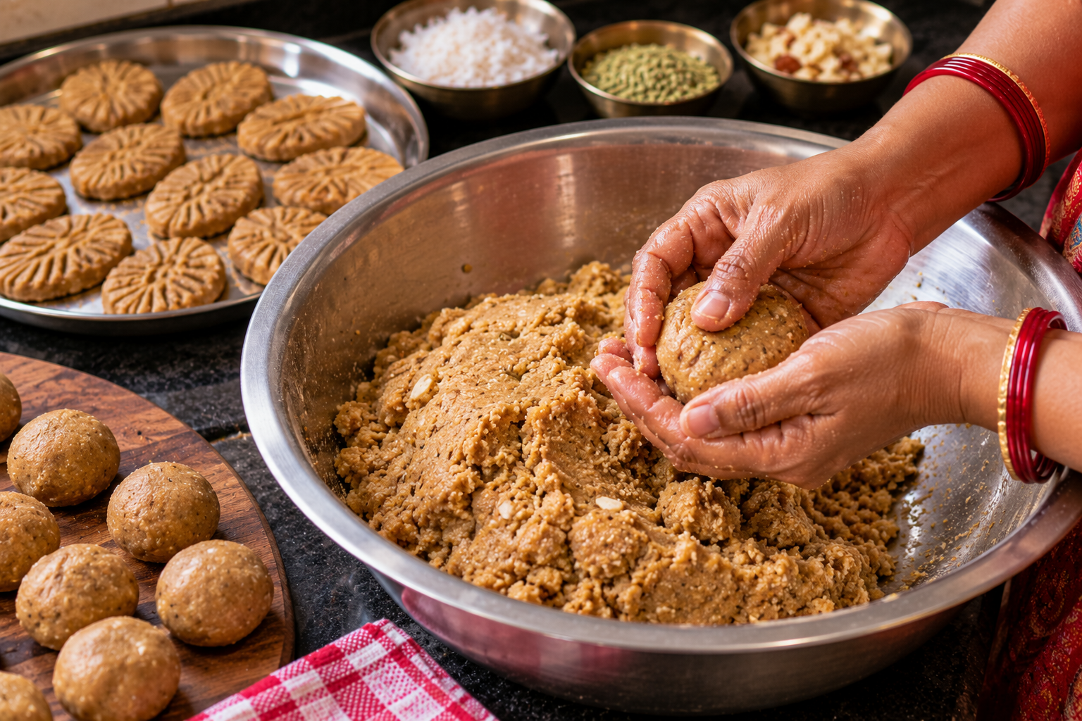 Preparing stiff jaggery wheat flour dough by hand for traditional homemade Bihari thekua.