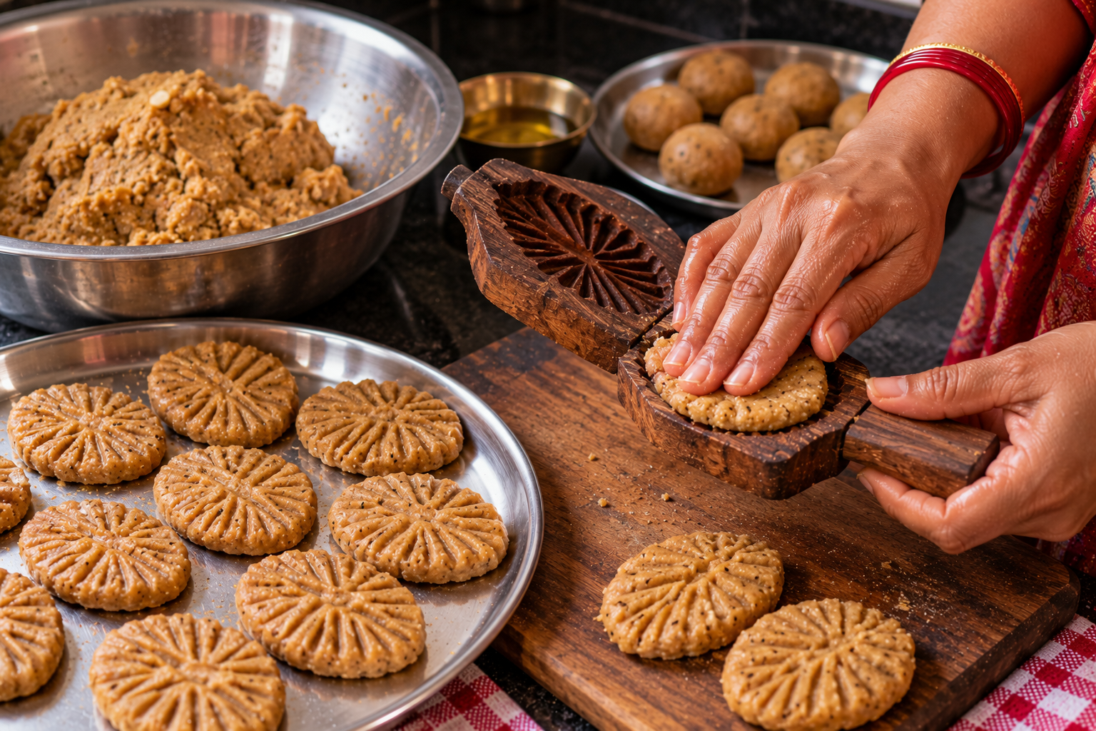 Shaping traditional Bihari thekua dough with a carved wooden mould to create decorative patterns before frying.