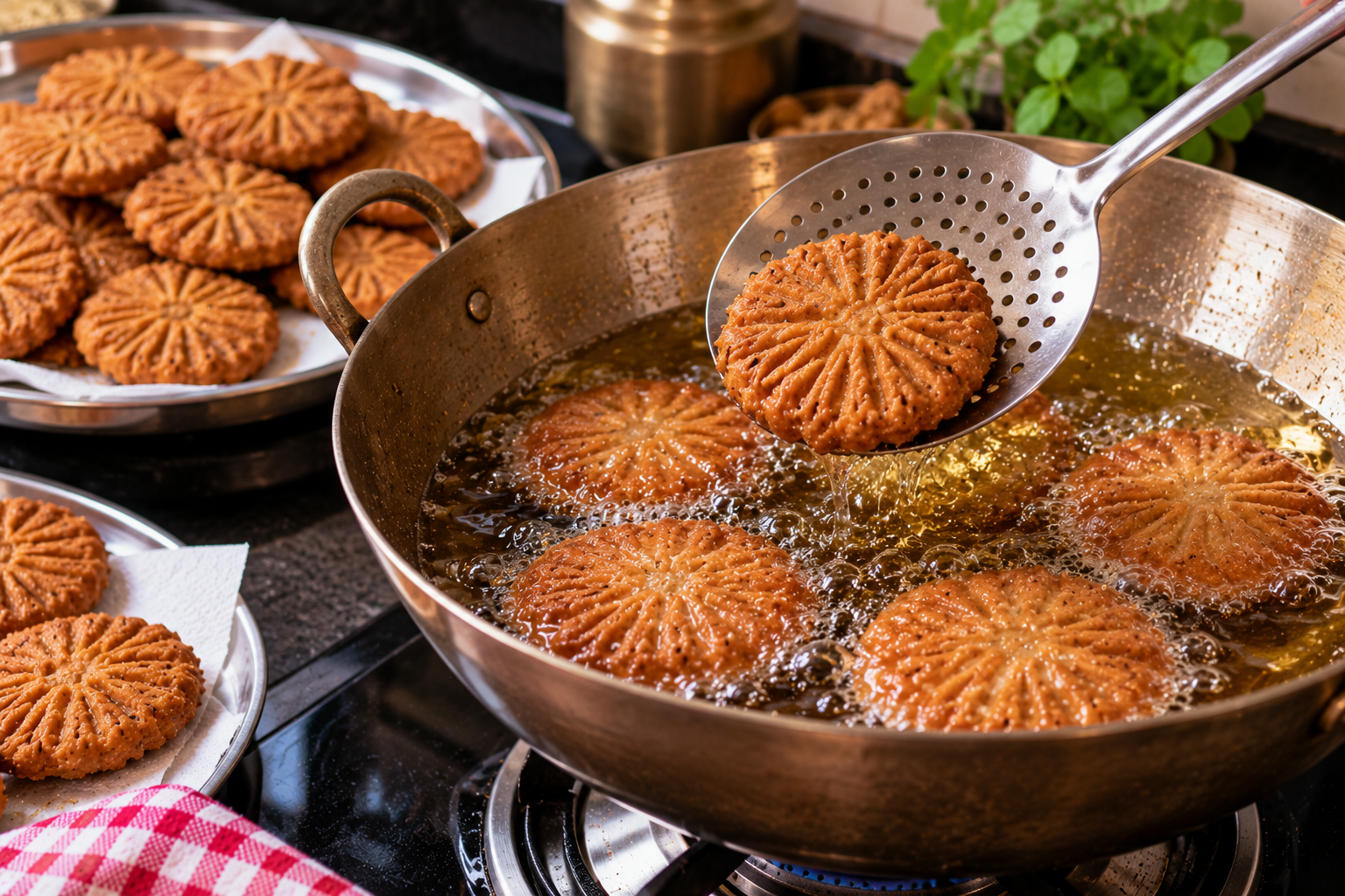 Traditional Bihari thekua frying in hot oil in a kadai until golden brown and crispy.