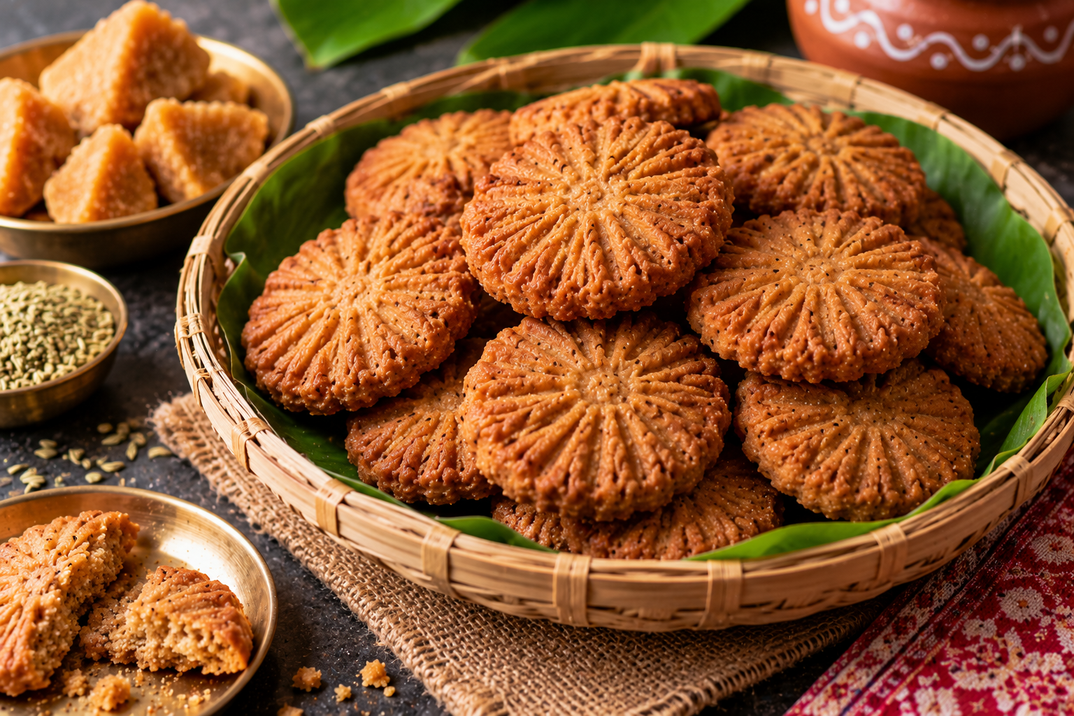 Crispy golden-brown Bihari thekua made with whole wheat flour and jaggery, arranged in a traditional bamboo basket.