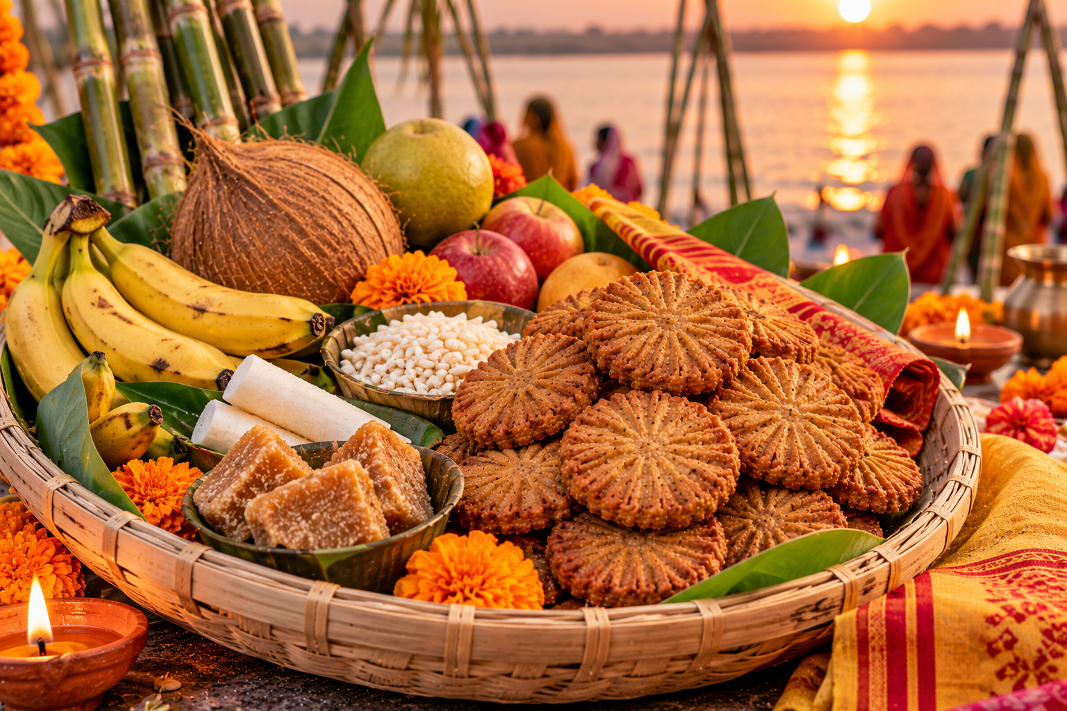 Traditional Bihari thekua prepared for Chhath Puja, arranged on a brass plate with bananas, coconut, jaggery and festive पूजा decorations.